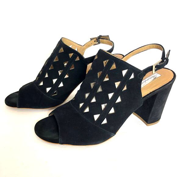 Halogen- Black Suede Laser Cut Out Open Toe Block Heel Sandals-10M - Picture 2 of 9